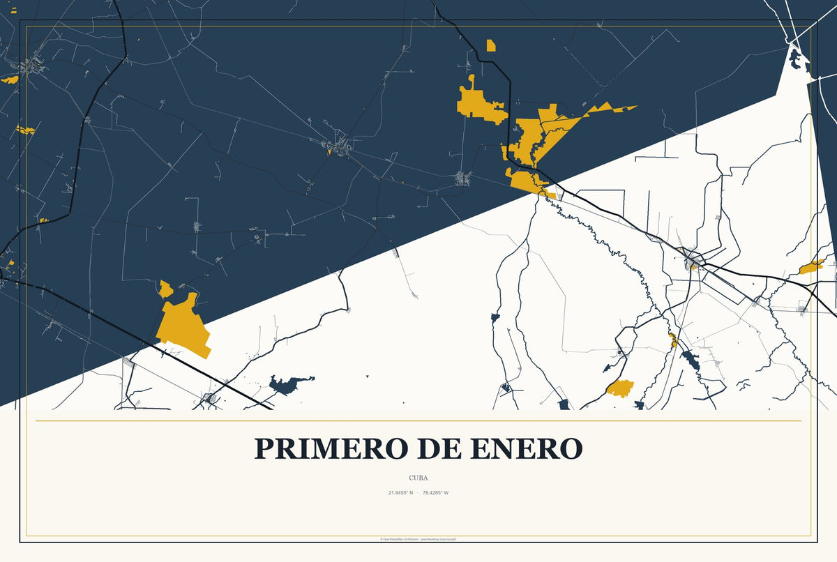 Primero de Enero, Cuba City Map Aluminum Sign in Citrine Modern style