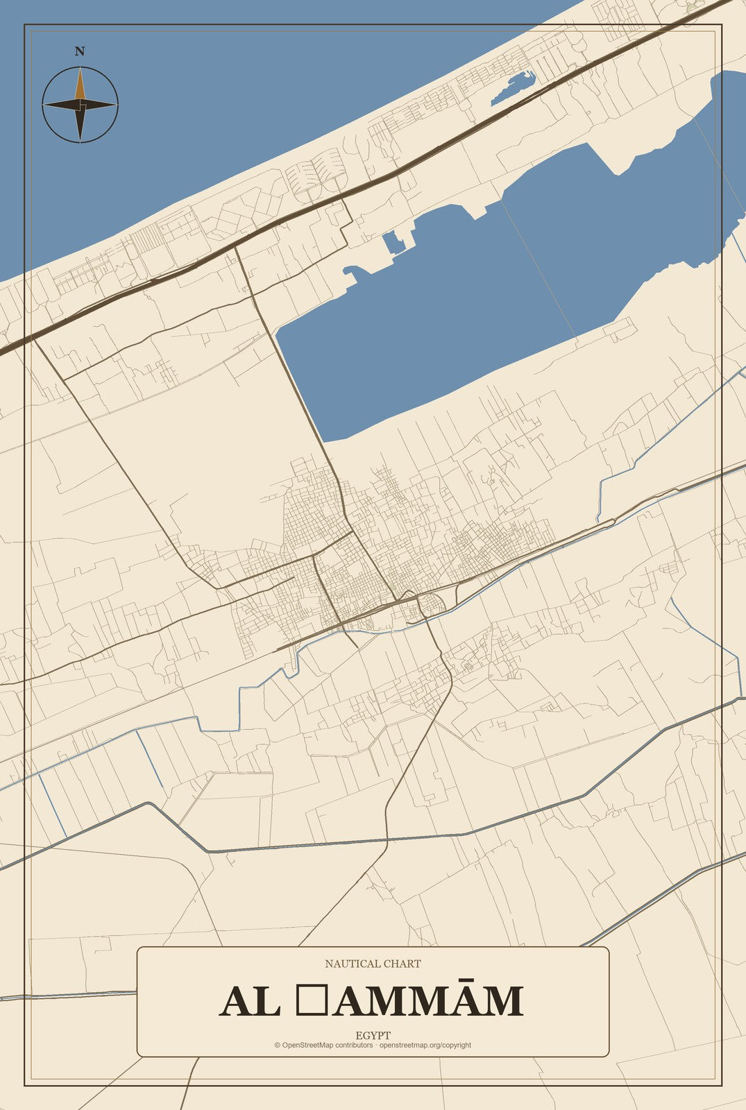 Al Ḩammām, Egypt City Map Aluminum Sign in Heritage Nautical style