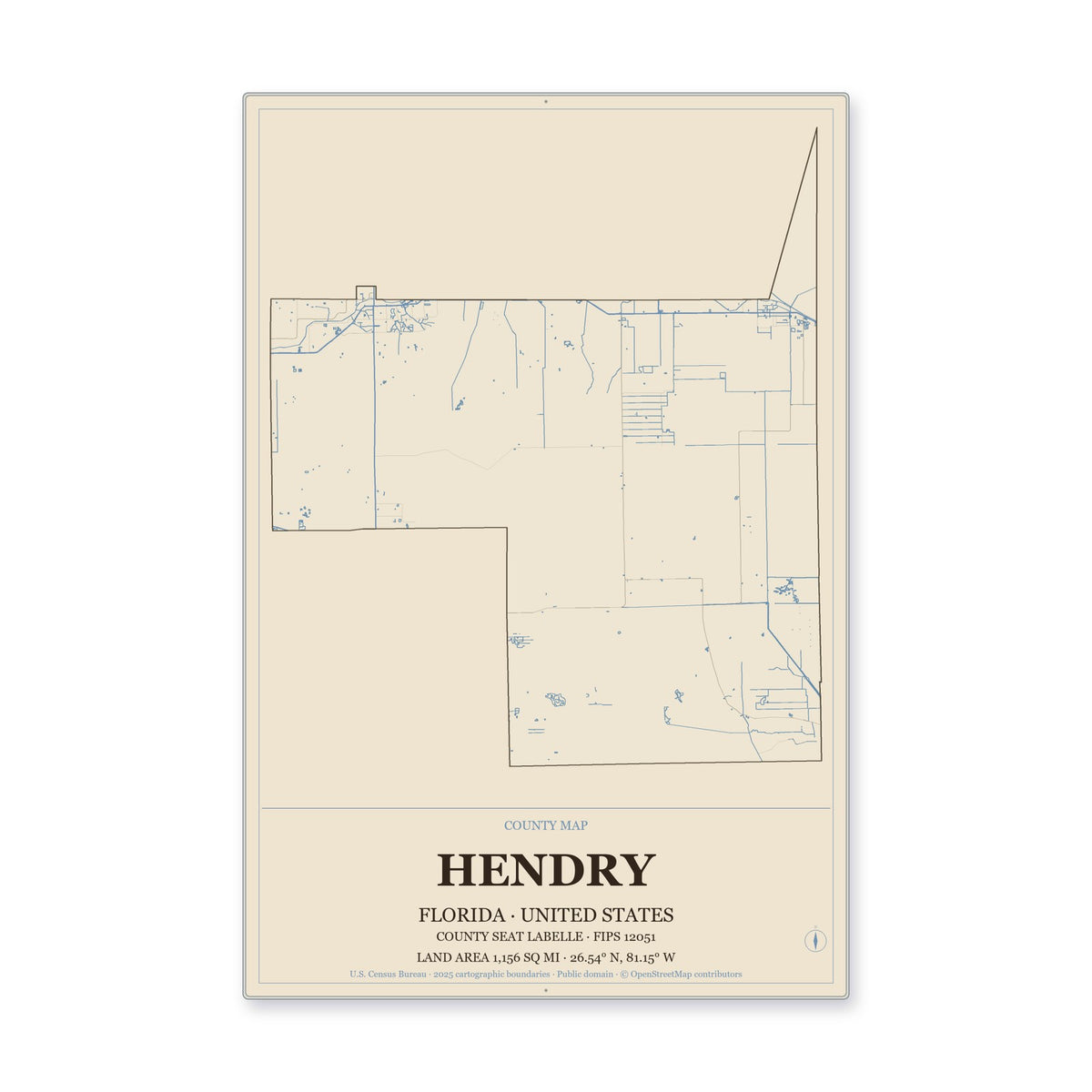 Hendry County, Florida Map Aluminum Sign in Heritage Nautical style