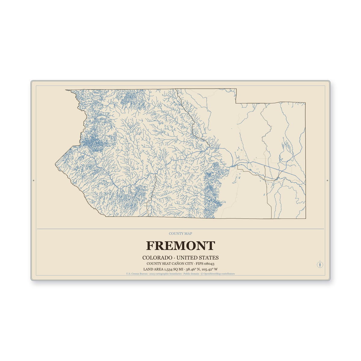 Fremont County, Colorado Map Aluminum Sign in Heritage Nautical style