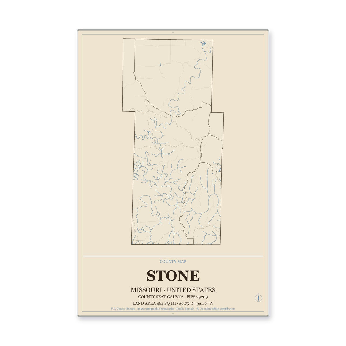 Stone County, Missouri Map Aluminum Sign in Heritage Nautical style