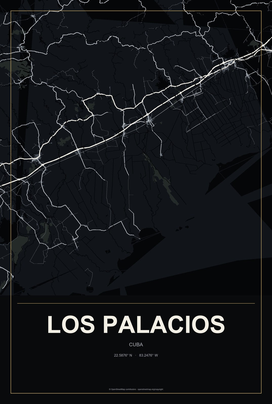 Los Palacios, Cuba City Map Aluminum Sign in Metropolitan Noir style