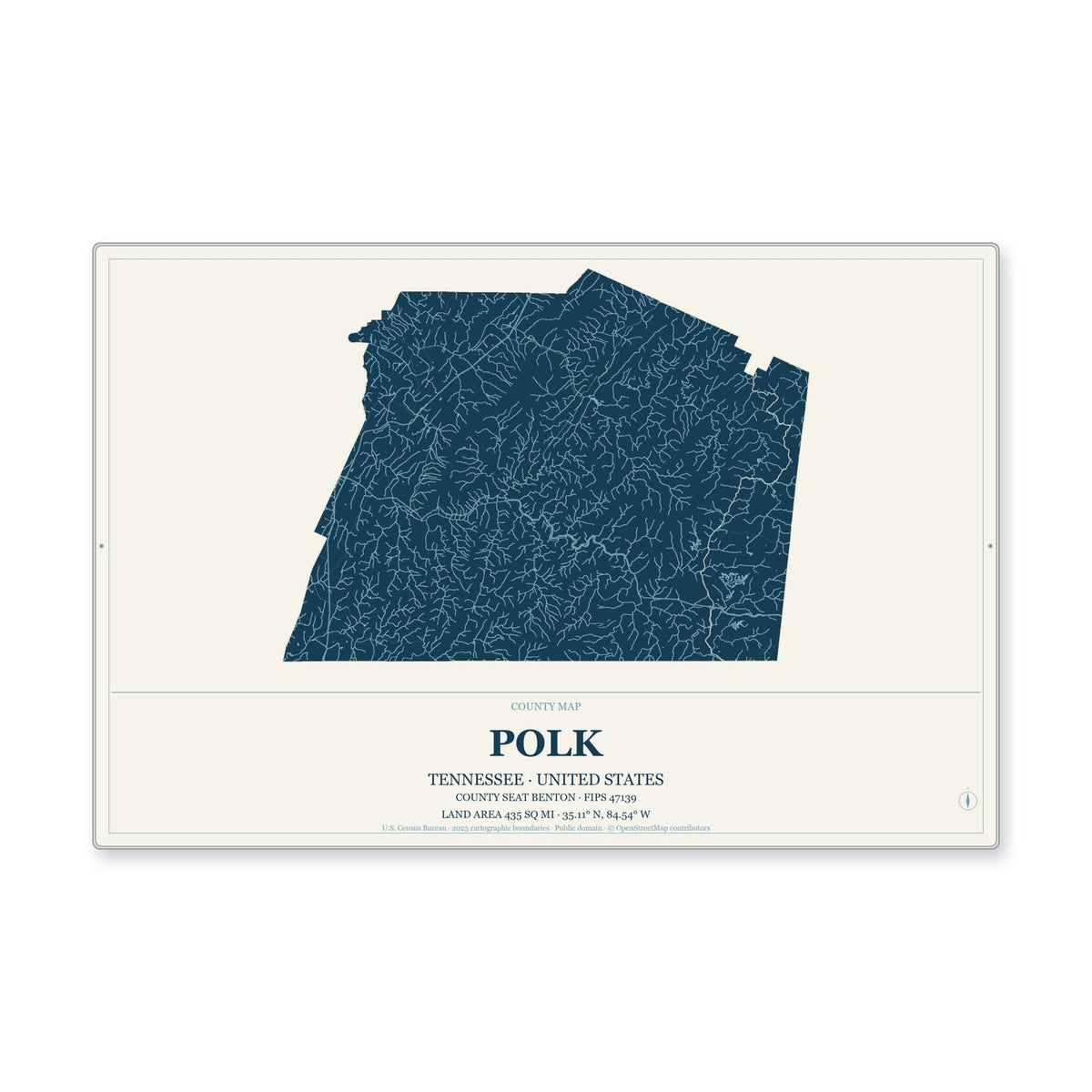 Polk County, Tennessee Map Aluminum Sign in Coastal Cutout style