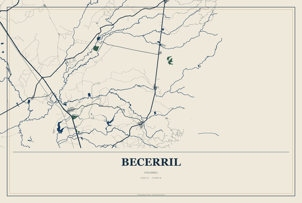 Becerril, Colombia City Map Aluminum Sign in Coastal Cutout style