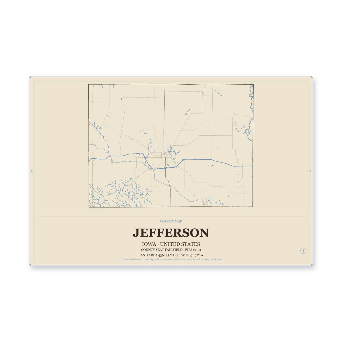 Jefferson County, Iowa Map Aluminum Sign in Heritage Nautical style