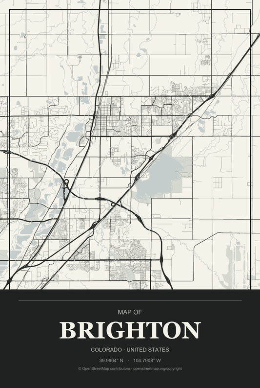 Brighton, Colorado City Map Aluminum Sign in Museum Plaque style