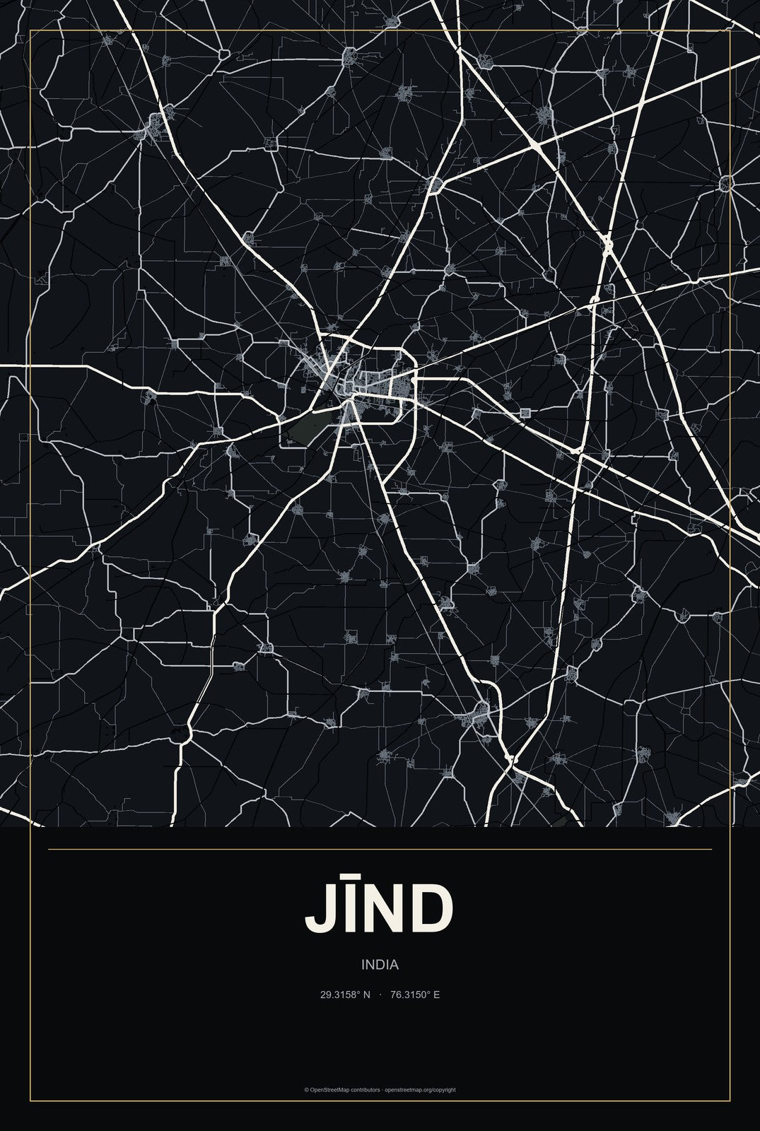 Jīnd, India City Map Aluminum Sign in Metropolitan Noir style