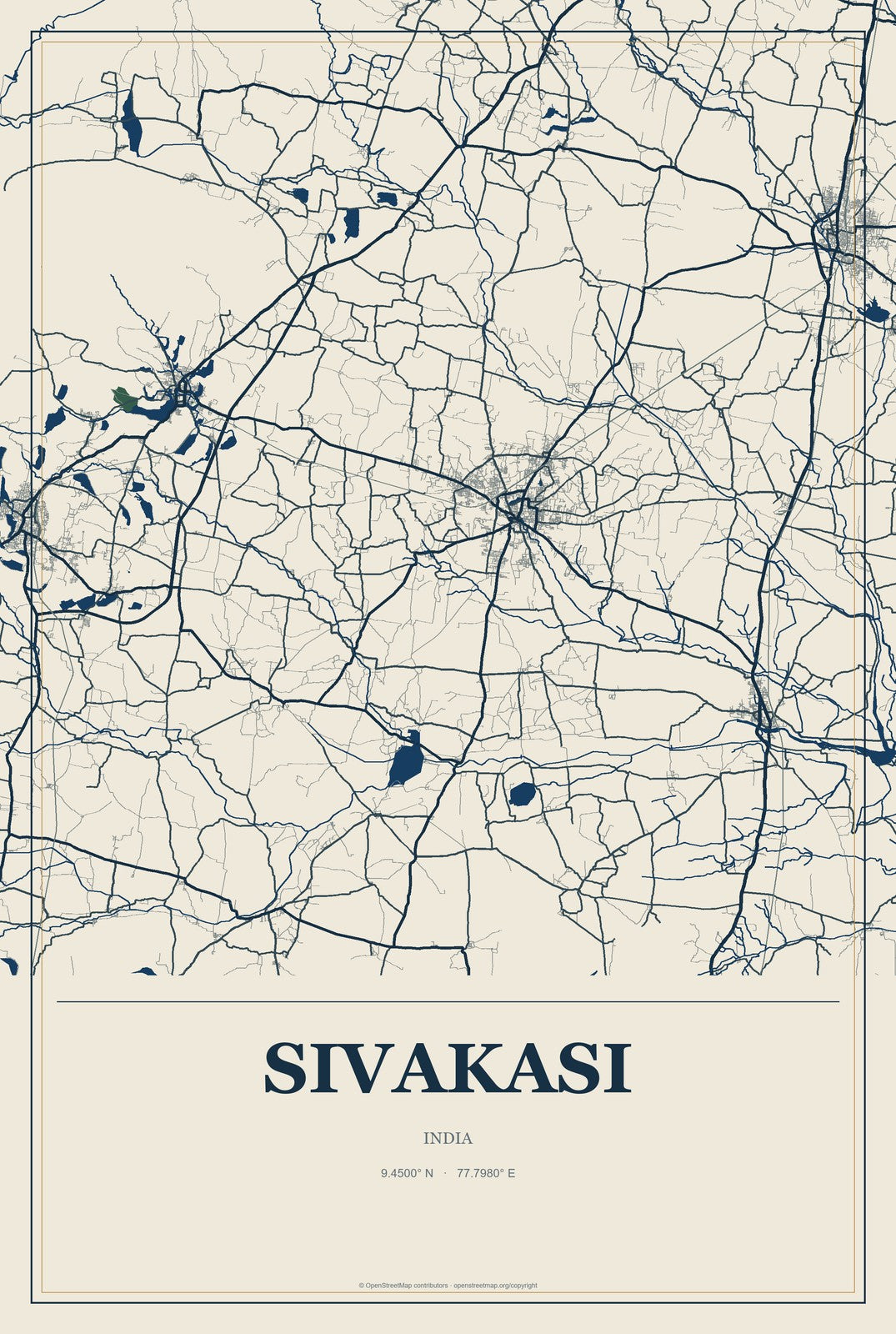 Sivakasi, India City Map Aluminum Sign in Coastal Cutout style