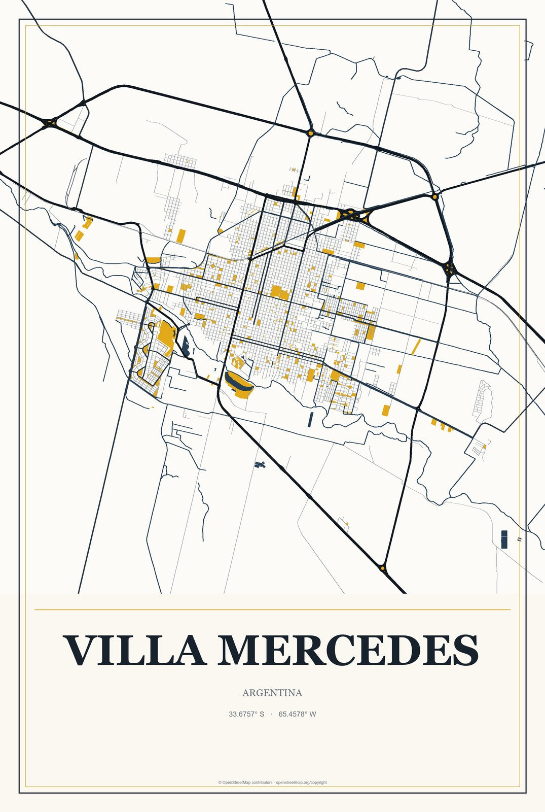 Villa Mercedes, Argentina City Map Aluminum Sign in Citrine Modern style