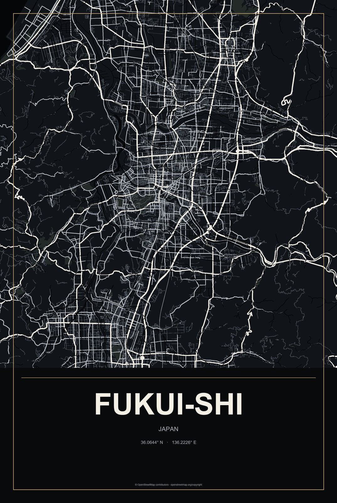 Fukui-shi, Japan City Map Aluminum Sign in Metropolitan Noir style
