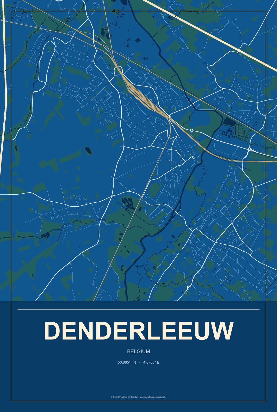 Denderleeuw, Belgium City Map Aluminum Sign in Harbor Cobalt style