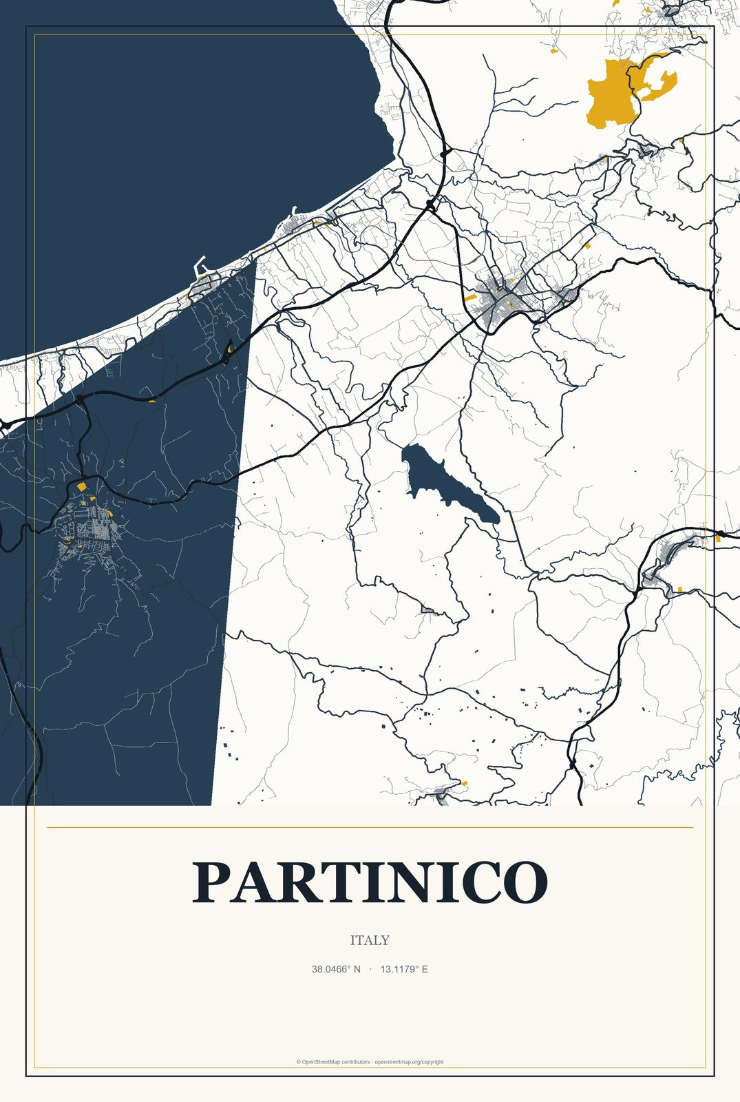 Partinico, Italy City Map Aluminum Sign in Citrine Modern style
