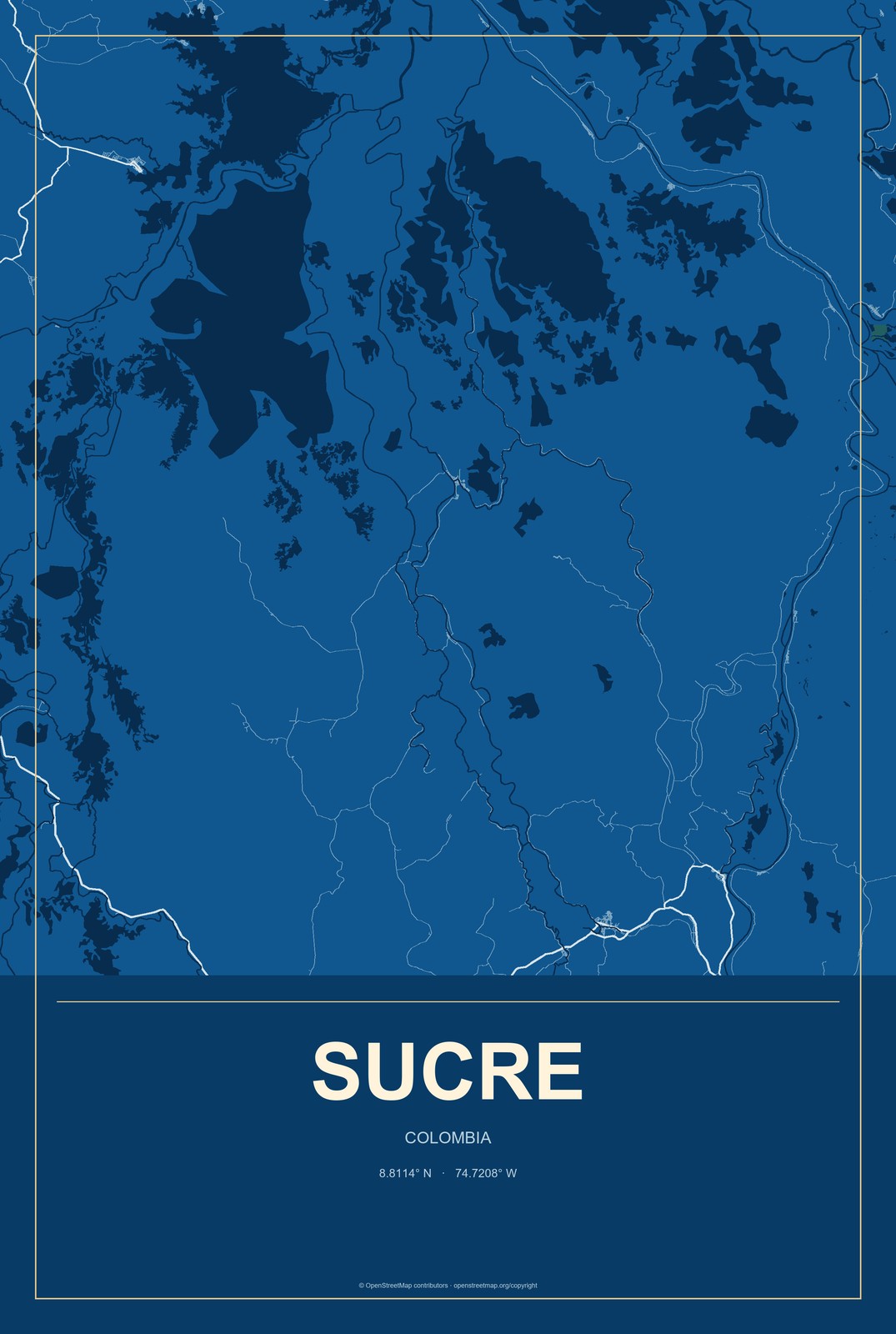 Sucre, Colombia City Map Aluminum Sign in Harbor Cobalt style