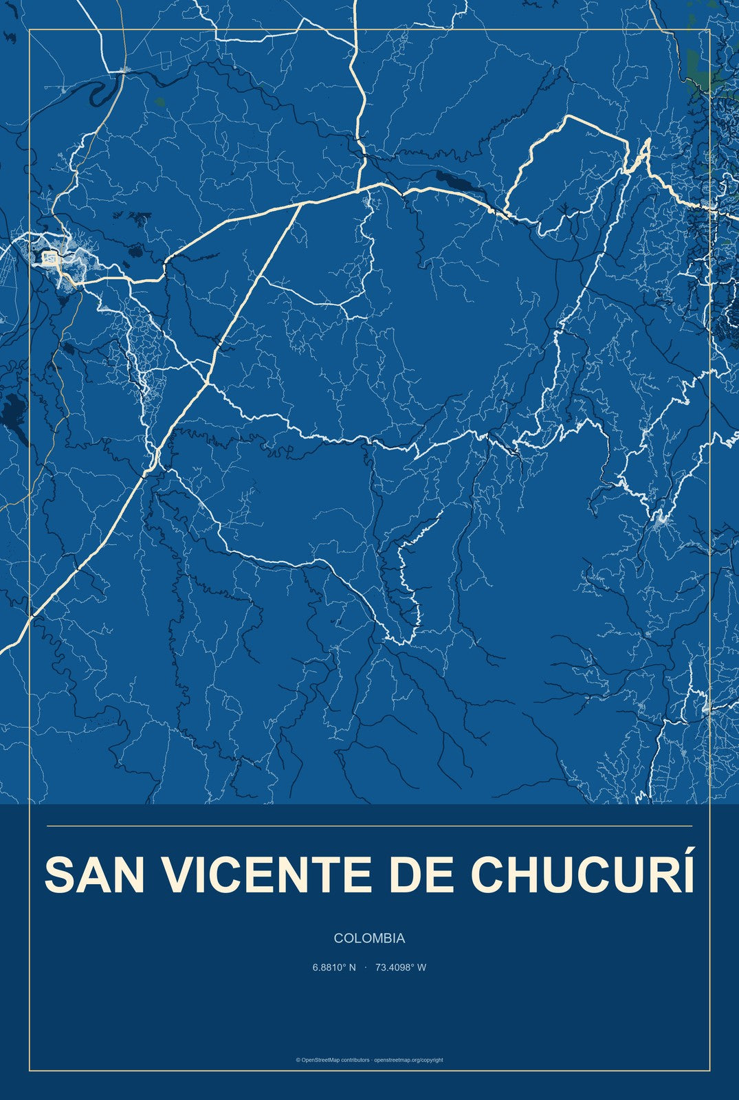 San Vicente de Chucurí, Colombia City Map Aluminum Sign in Harbor Cobalt style