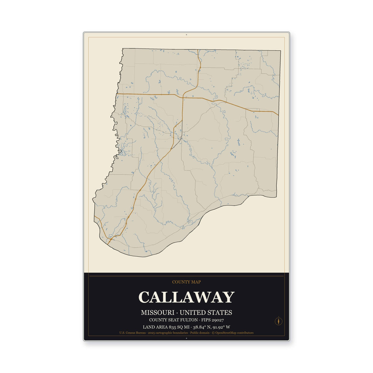 Callaway County, Missouri Map Aluminum Sign in Museum Plaque style