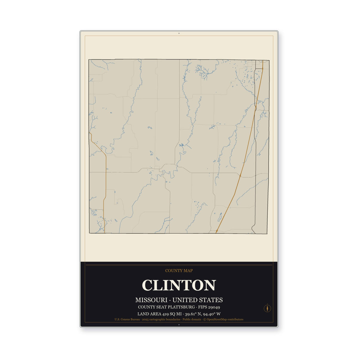 Clinton County, Missouri Map Aluminum Sign in Museum Plaque style