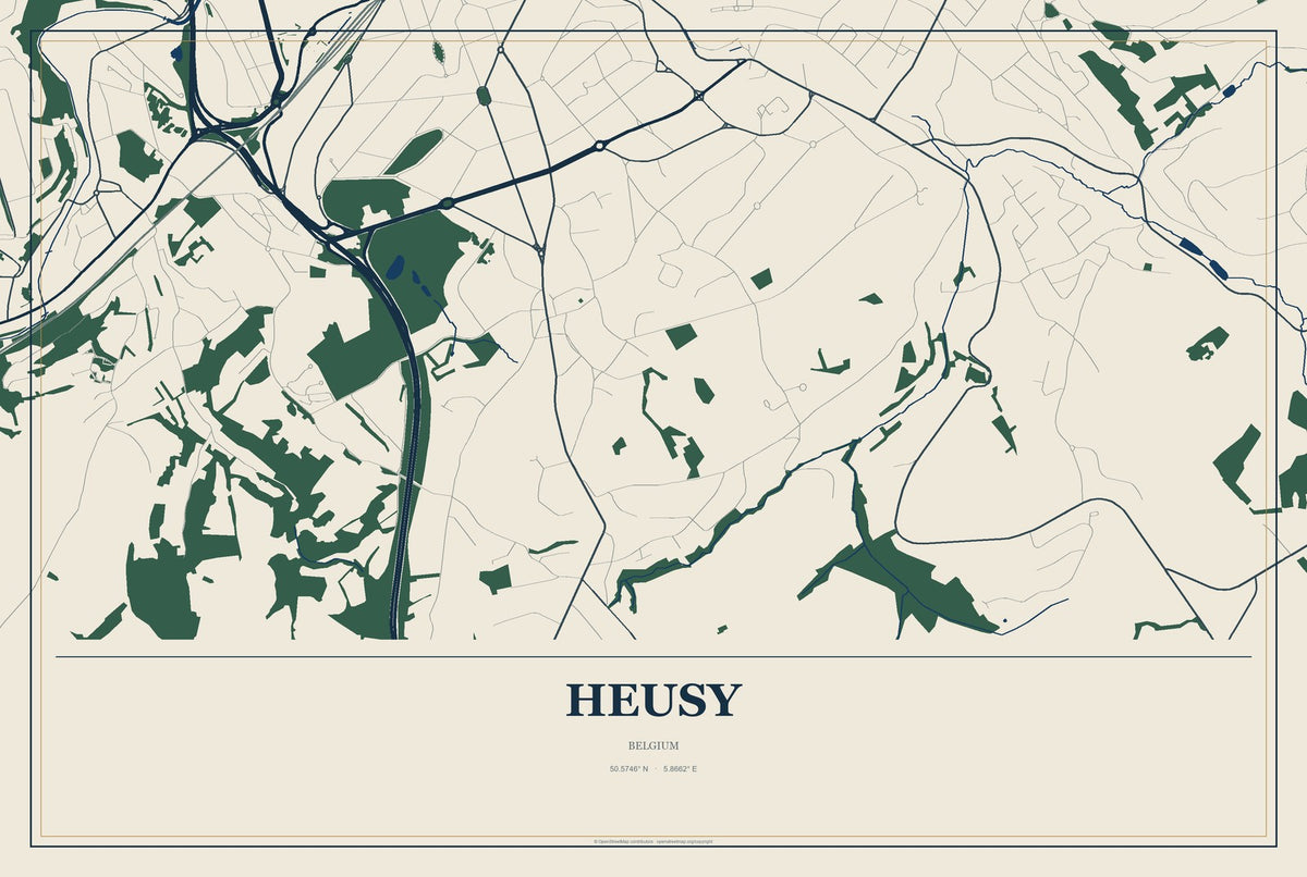 Heusy, Belgium City Map Aluminum Sign in Coastal Cutout style