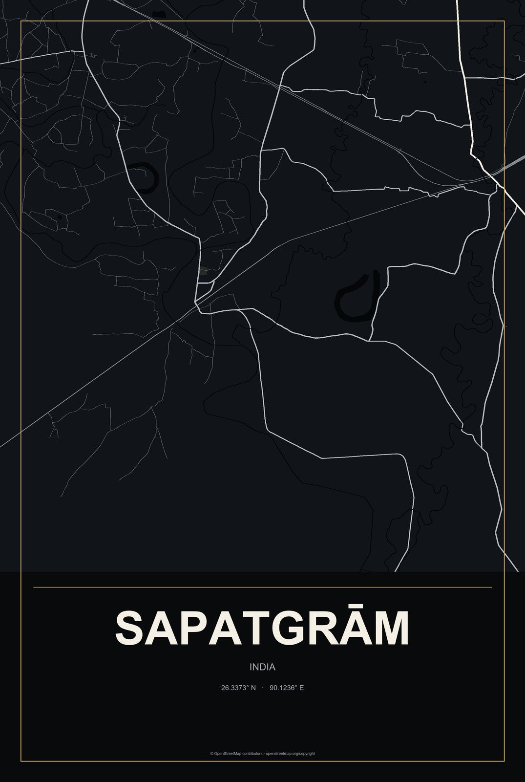 Sapatgrām, India City Map Aluminum Sign in Metropolitan Noir style