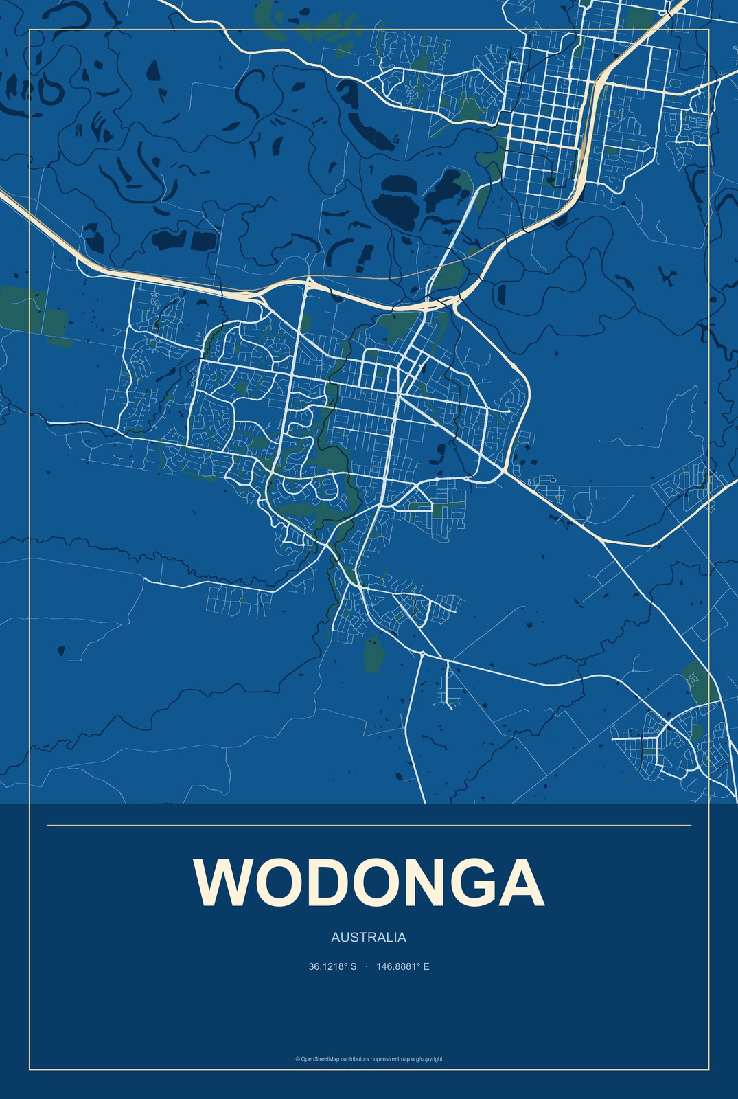 Wodonga, Australia City Map Aluminum Sign in Harbor Cobalt style