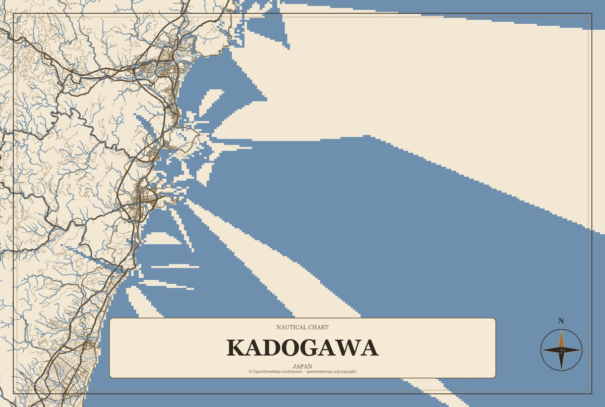Kadogawa, Japan City Map Aluminum Sign in Heritage Nautical style