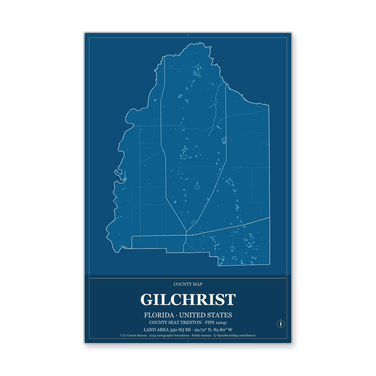 Gilchrist County, Florida Map Aluminum Sign in Harbor Cobalt style