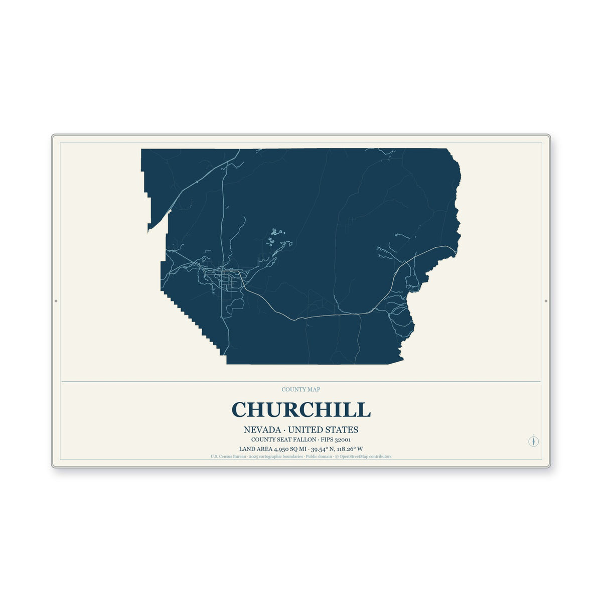 Churchill County, Nevada Map Aluminum Sign in Coastal Cutout style