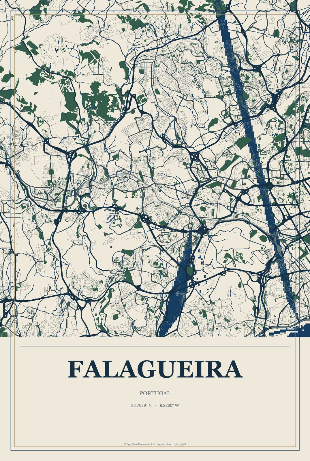 Falagueira, Portugal City Map Aluminum Sign in Coastal Cutout style