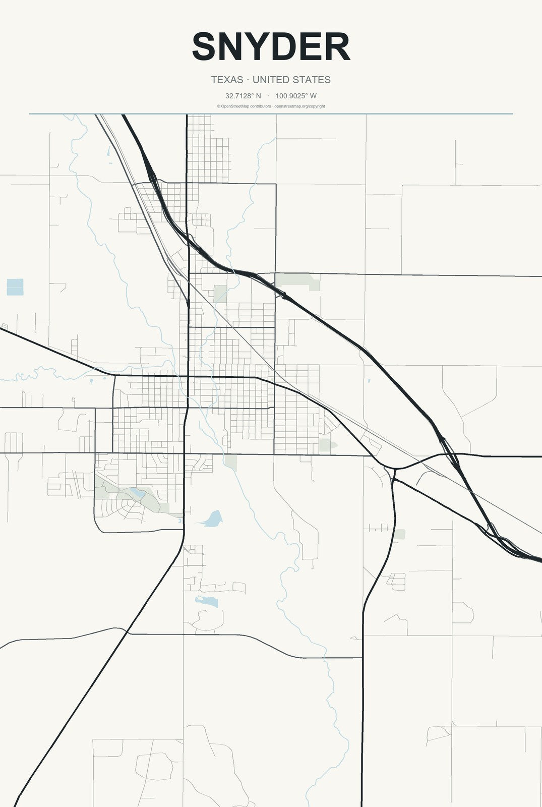 Snyder, Texas City Map Aluminum Sign in Headline Atlas style