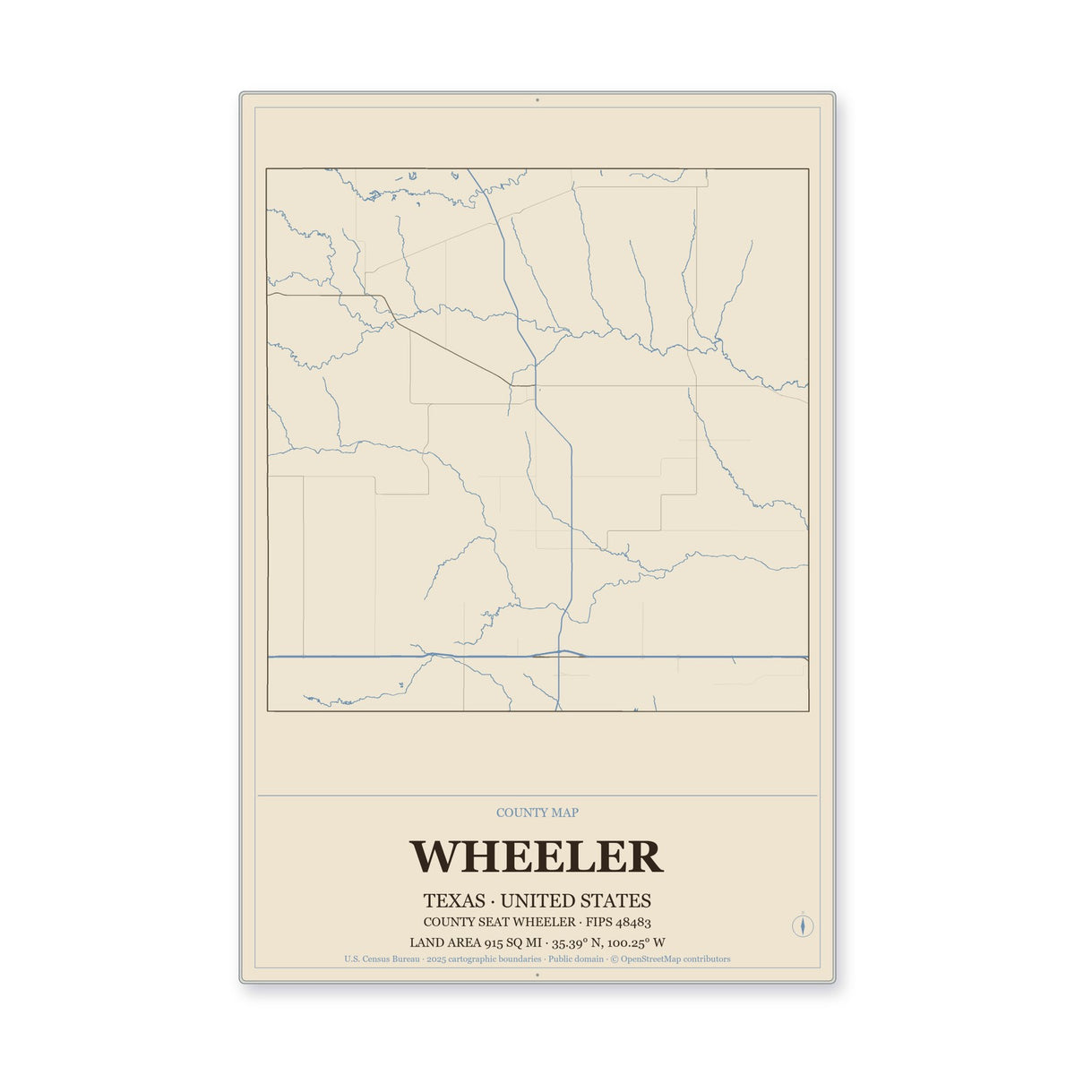 Wheeler County, Texas Map Aluminum Sign in Heritage Nautical style