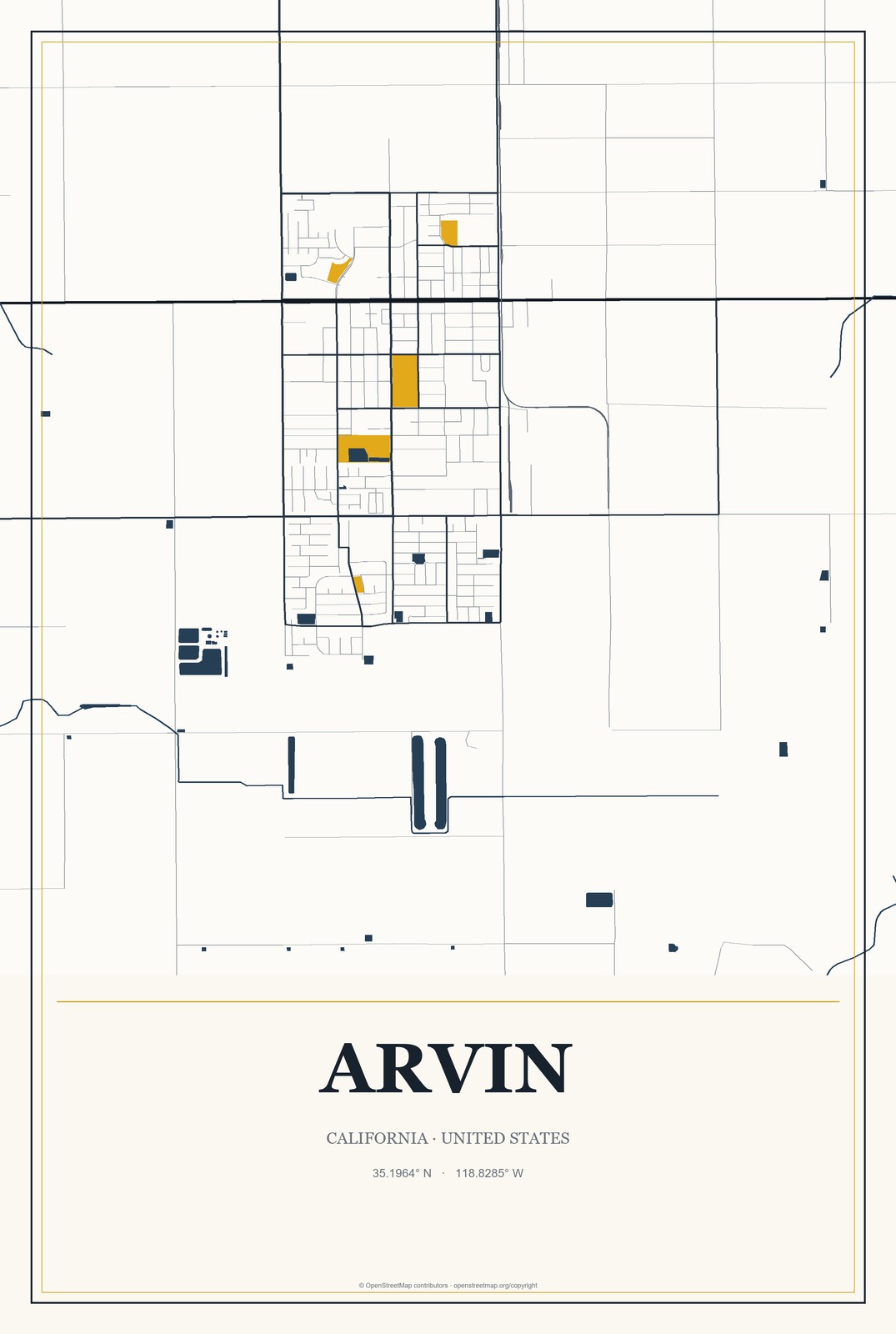Arvin, California City Map Aluminum Sign in Citrine Modern style