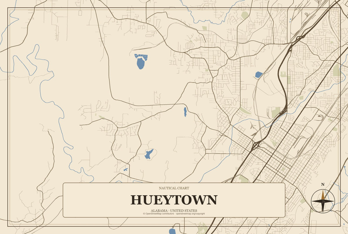 Hueytown, Alabama City Map Aluminum Sign in Heritage Nautical style