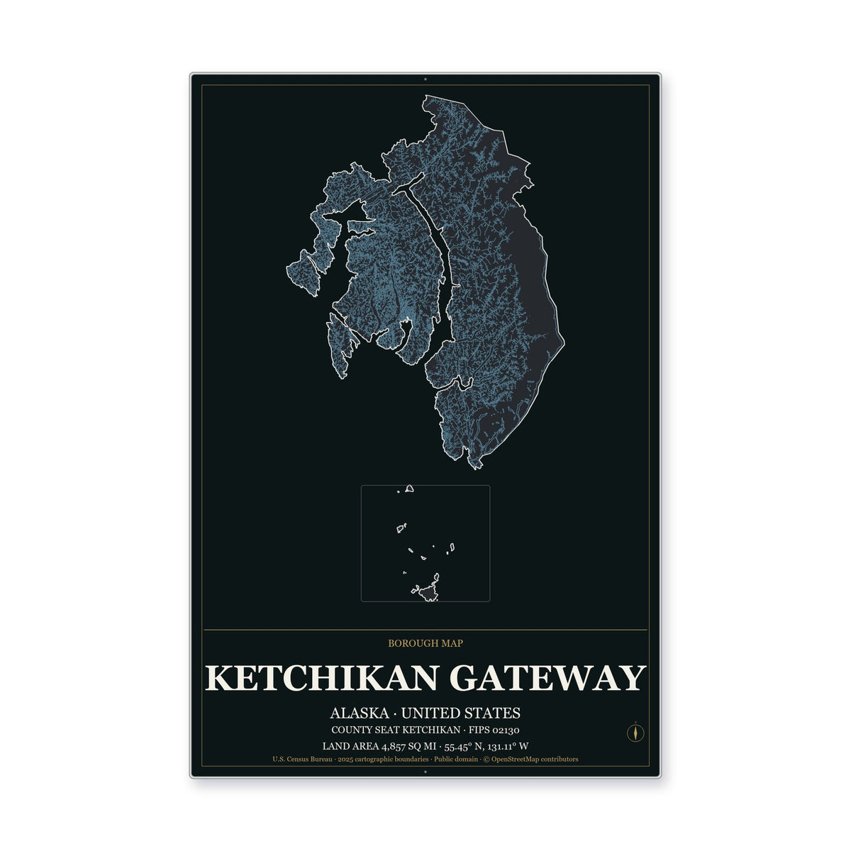 Ketchikan Gateway Borough, Alaska Map Aluminum Sign in Metropolitan Noir style