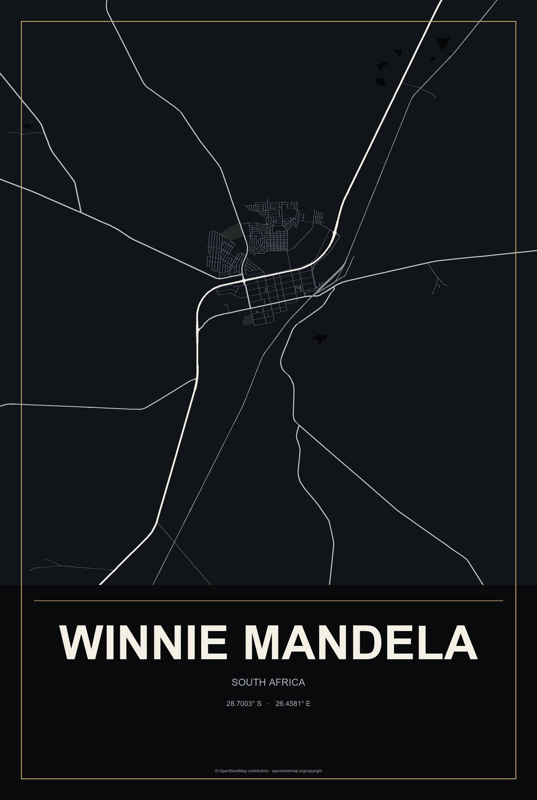 Winnie Mandela, South Africa City Map Aluminum Sign in Metropolitan Noir style