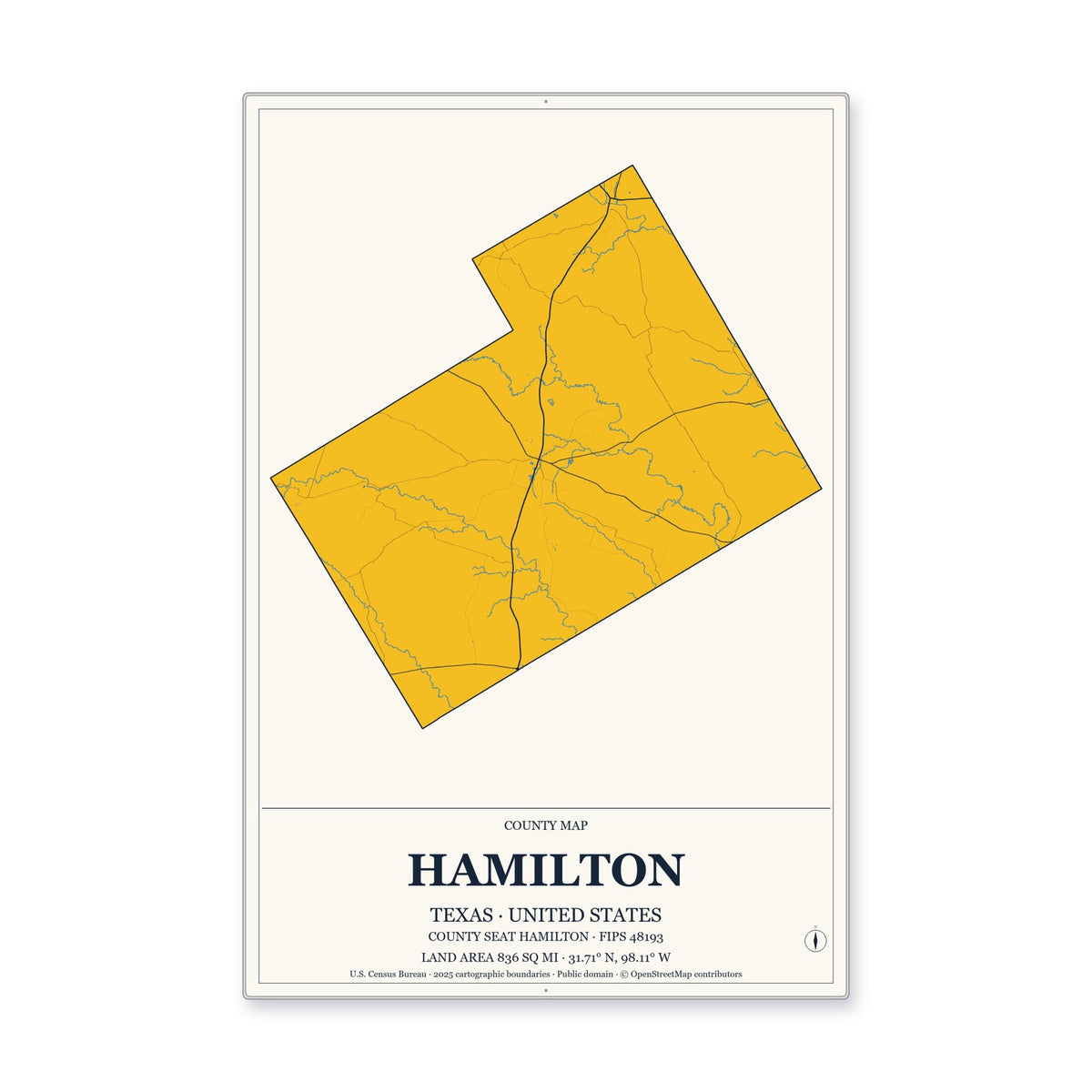 Hamilton County, Texas Map Aluminum Sign in Citrine Modern style