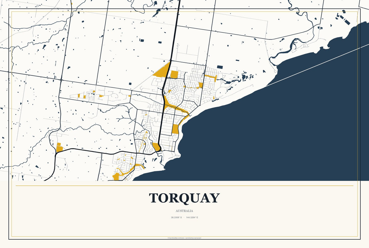 Torquay, Australia City Map Aluminum Sign in Citrine Modern style