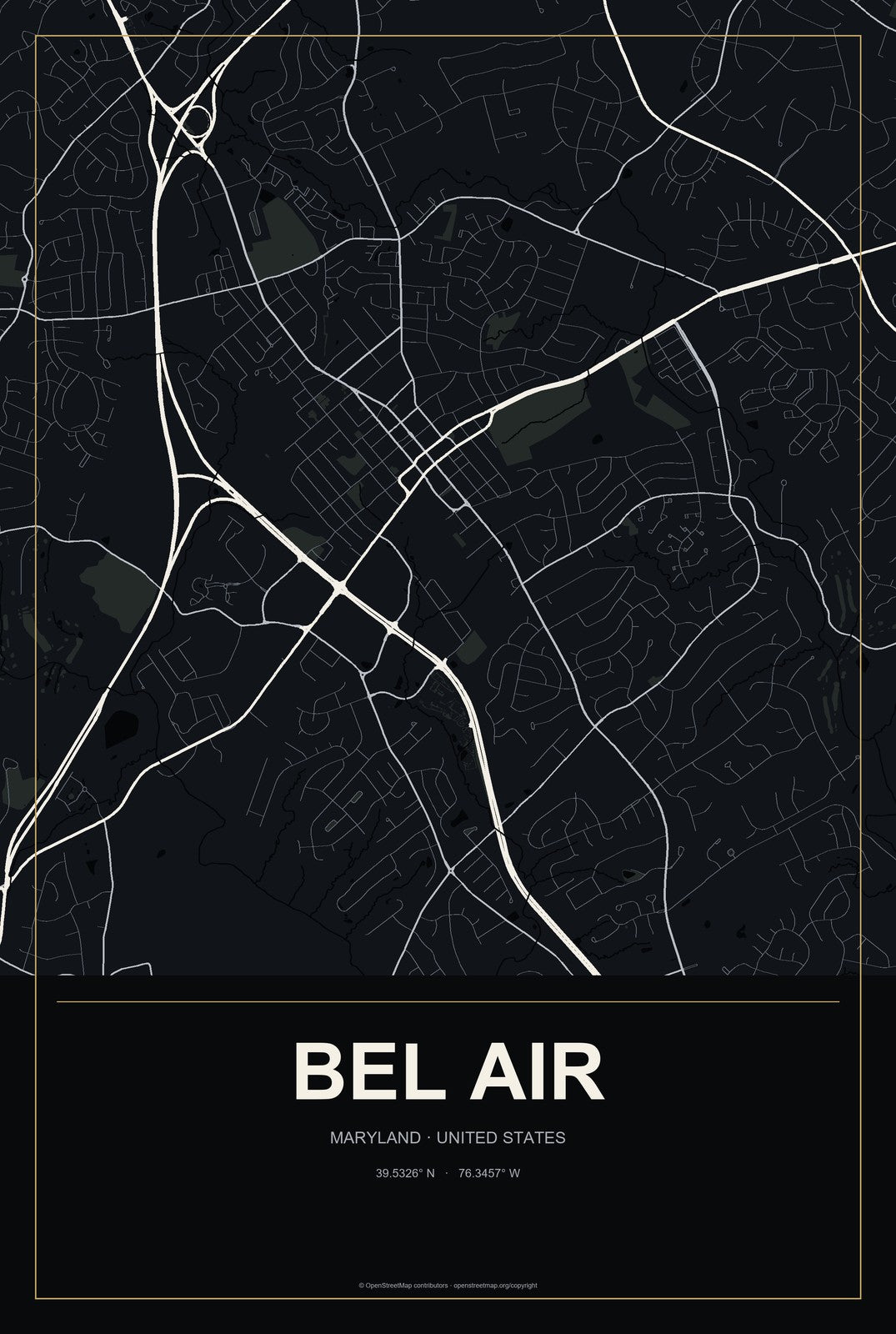 Bel Air, Maryland City Map Aluminum Sign in Metropolitan Noir style