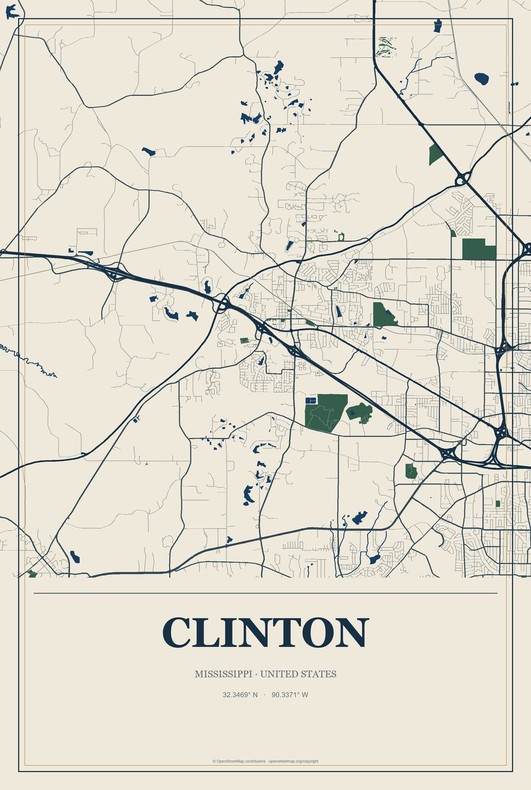 Clinton, Mississippi City Map Aluminum Sign in Coastal Cutout style