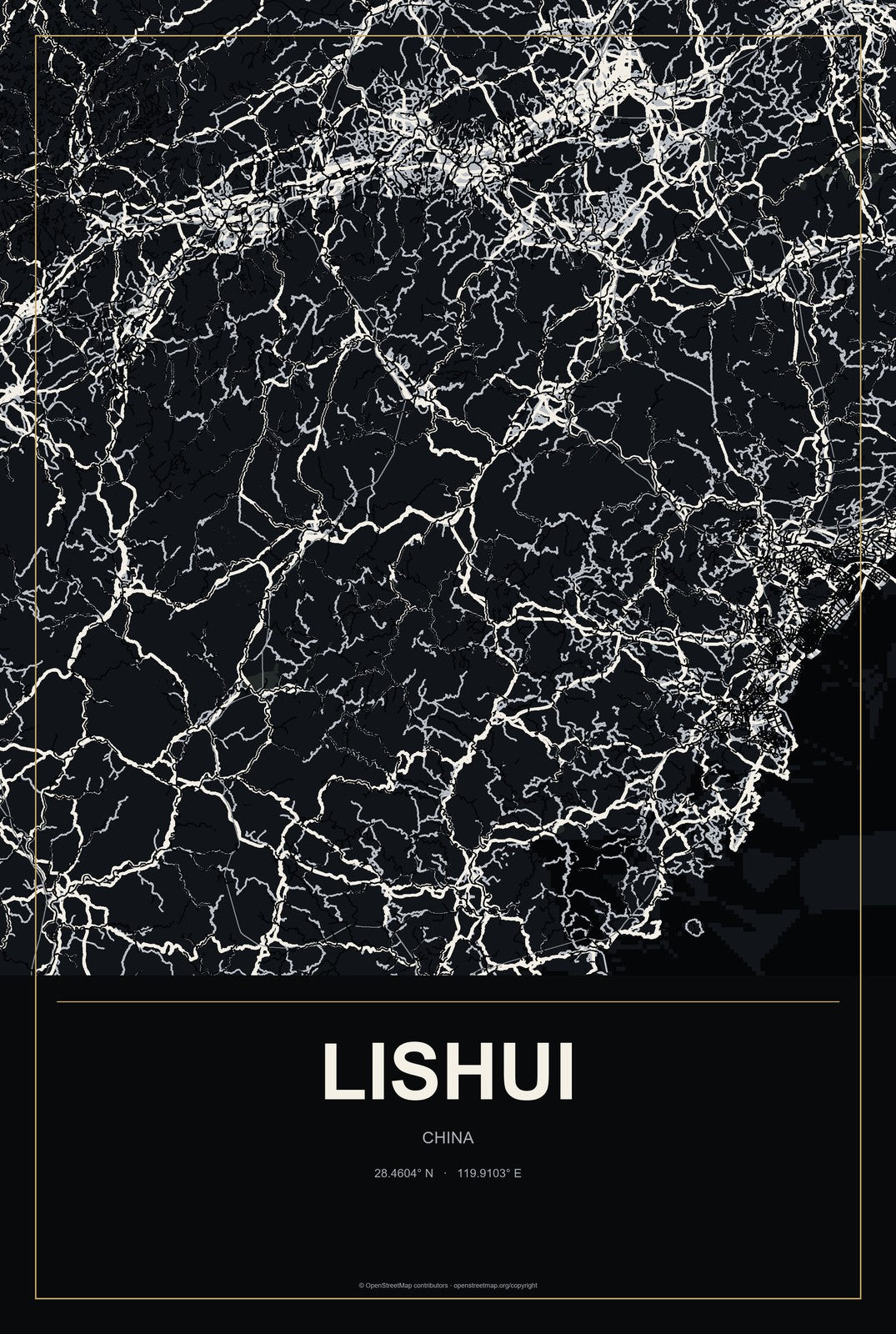 Lishui, China City Map Aluminum Sign in Metropolitan Noir style