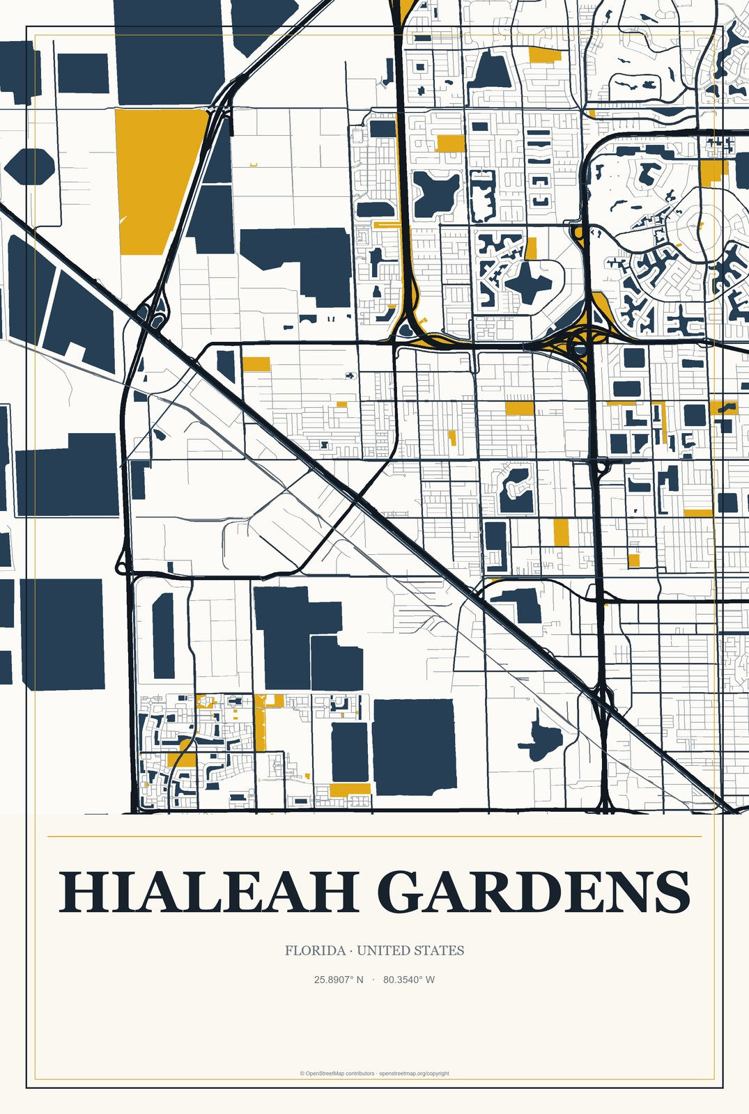 Hialeah Gardens, Florida City Map Aluminum Sign in Citrine Modern style
