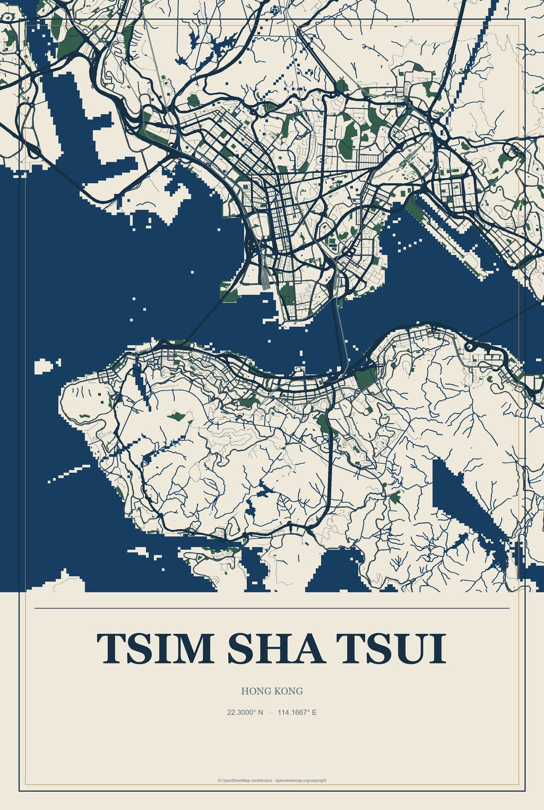 Tsim Sha Tsui, Hong Kong City Map Aluminum Sign in Coastal Cutout style