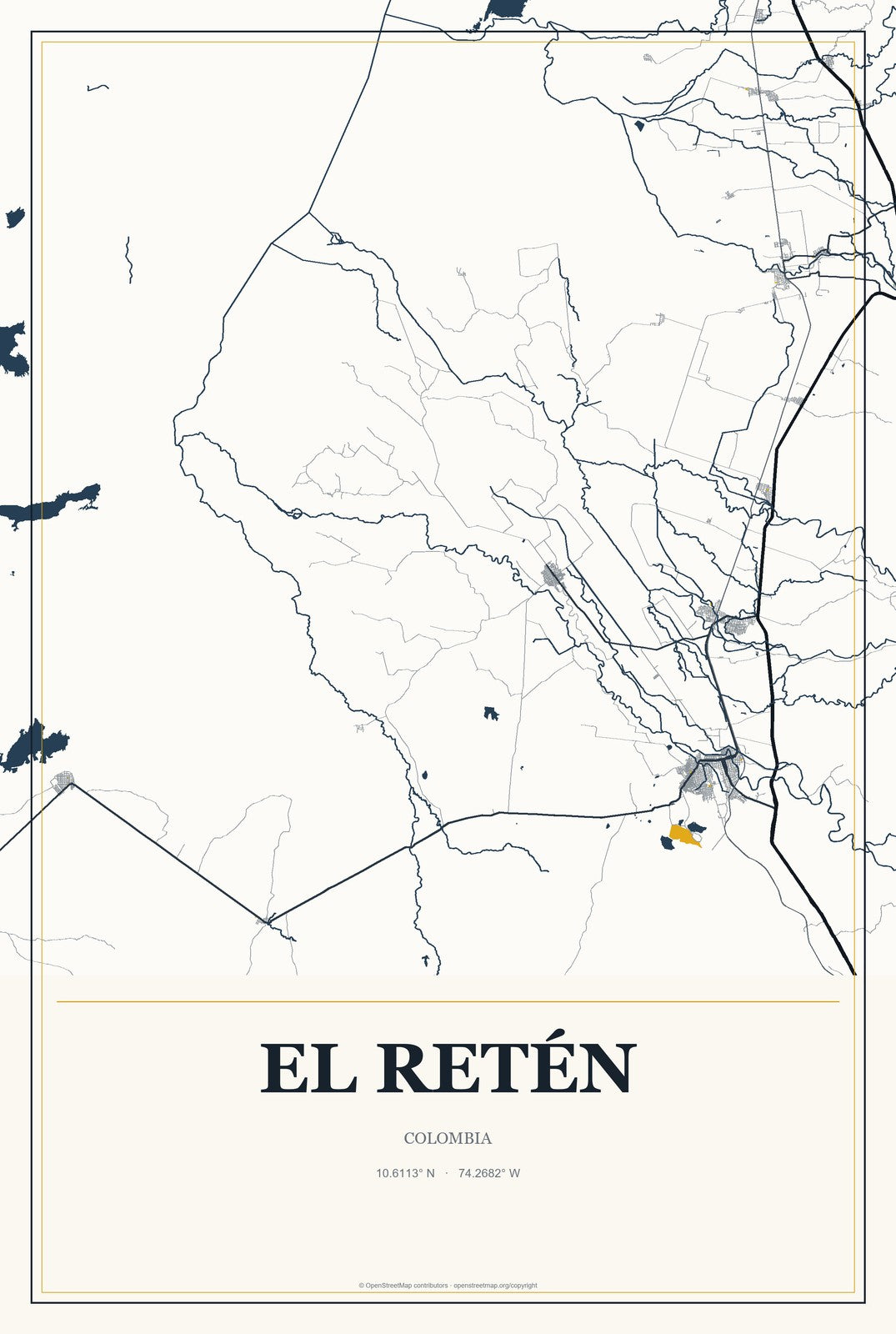 El Retén, Colombia City Map Aluminum Sign in Citrine Modern style