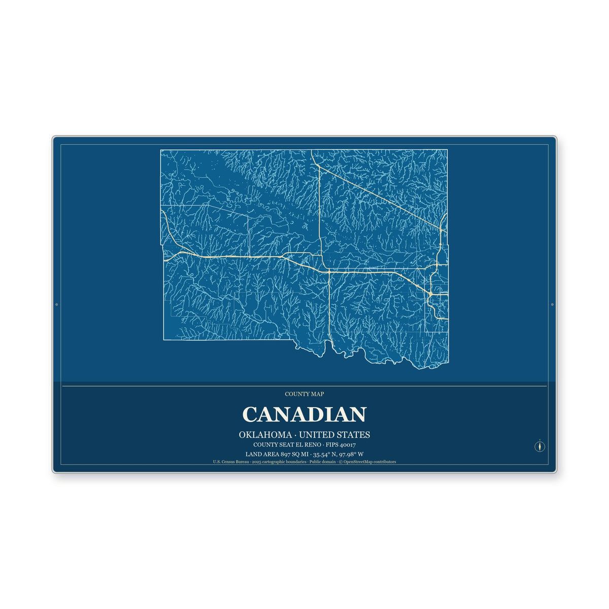 Canadian County, Oklahoma Map Aluminum Sign in Harbor Cobalt style
