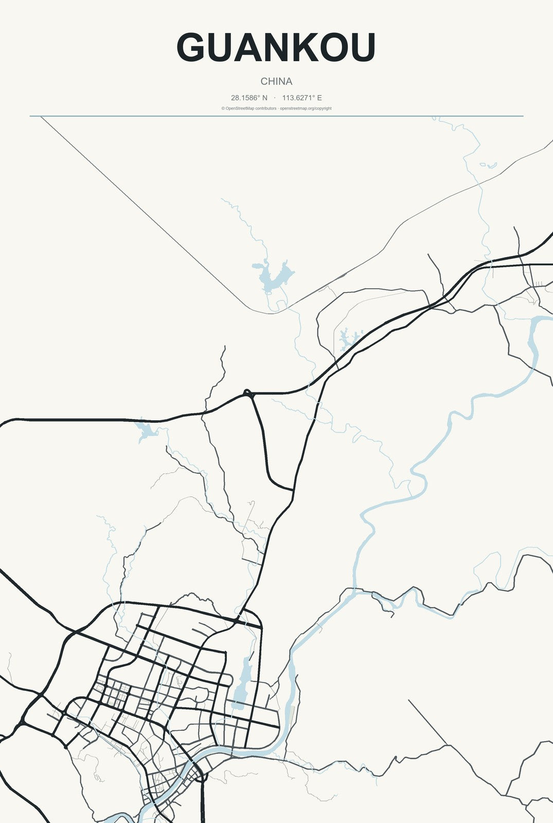 Guankou, China City Map Aluminum Sign in Headline Atlas style