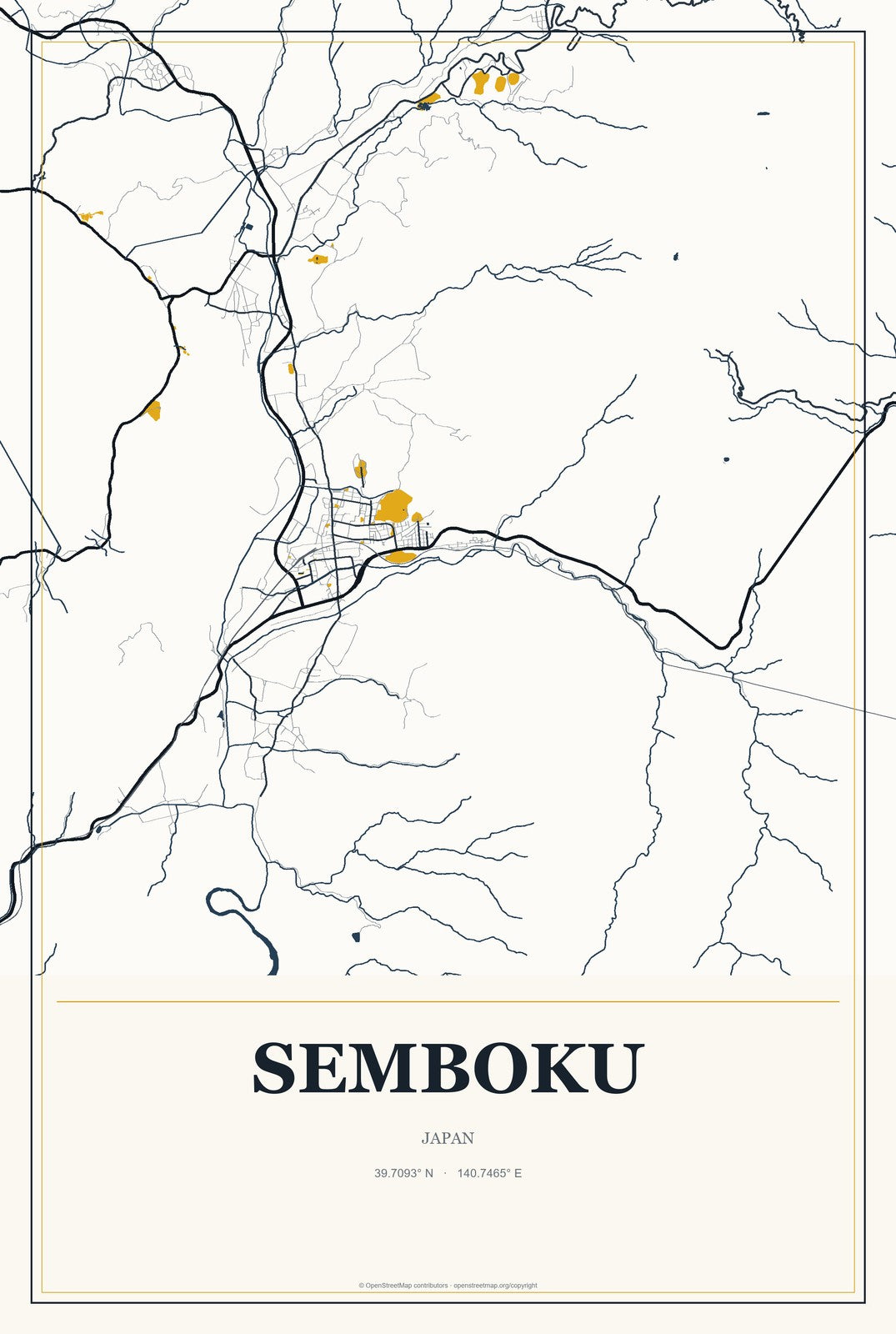 Semboku, Japan City Map Aluminum Sign in Citrine Modern style