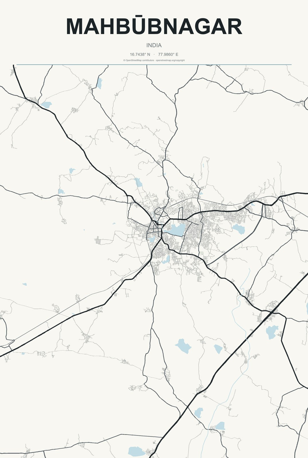 Mahbūbnagar, India City Map Aluminum Sign in Headline Atlas style