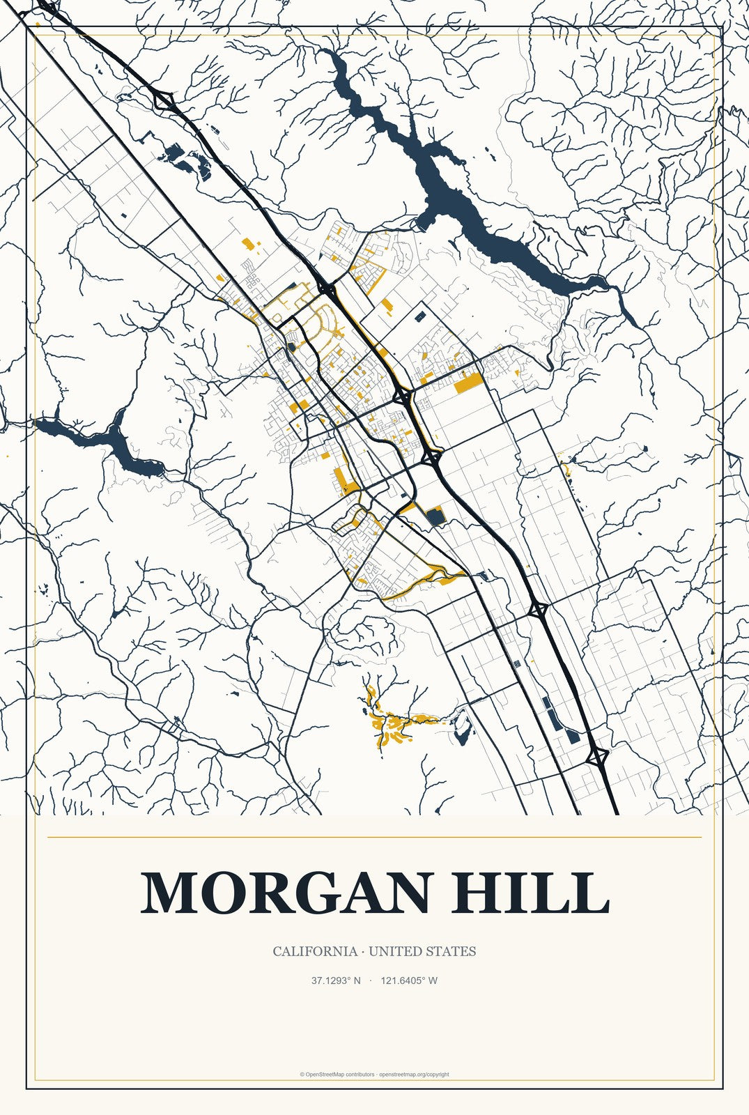 Morgan Hill, California City Map Aluminum Sign in Citrine Modern style