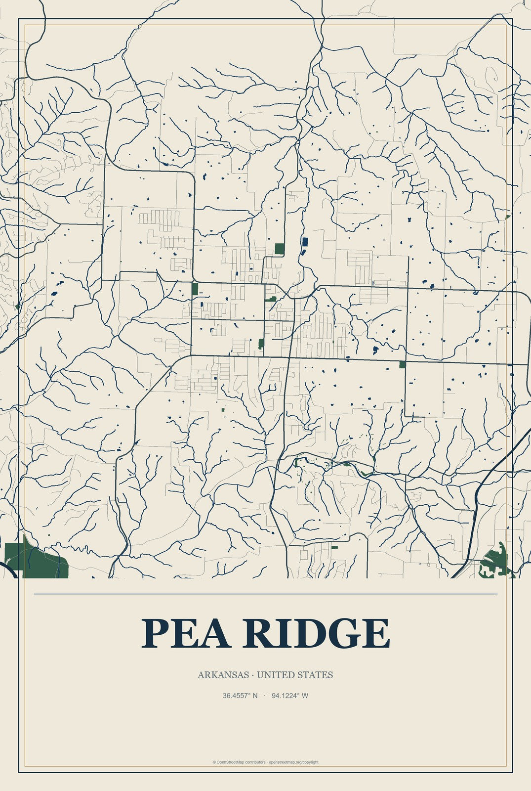 Pea Ridge, Arkansas City Map Aluminum Sign in Coastal Cutout style