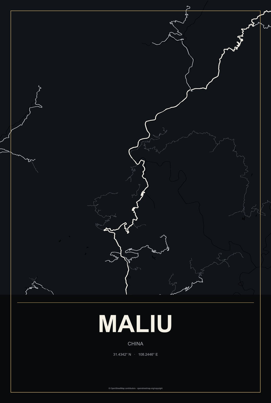 Maliu, China City Map Aluminum Sign in Metropolitan Noir style
