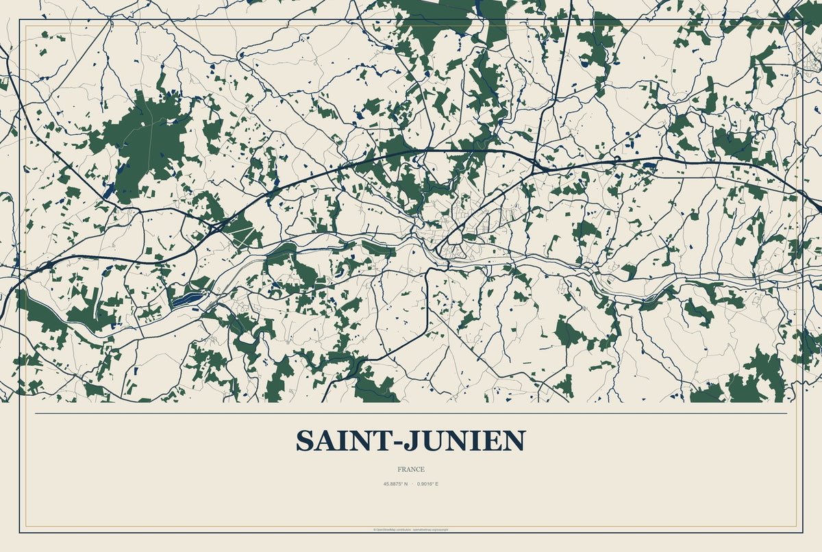 Saint-Junien, France City Map Aluminum Sign in Coastal Cutout style