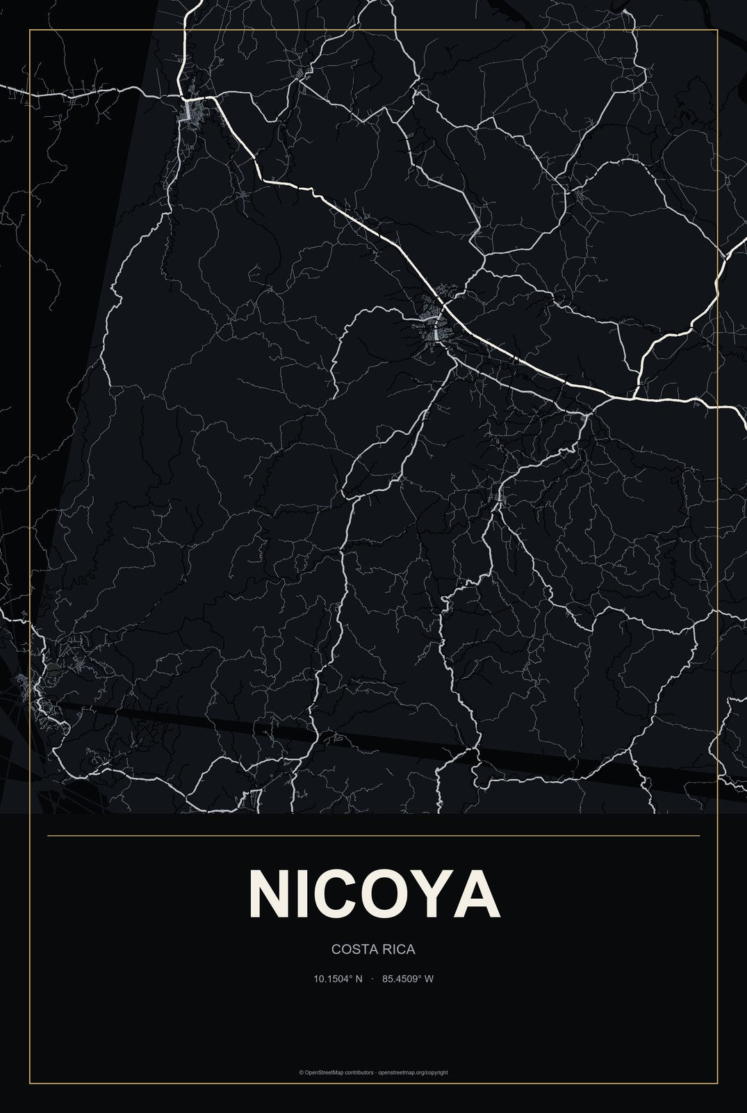 Nicoya, Costa Rica City Map Aluminum Sign in Metropolitan Noir style